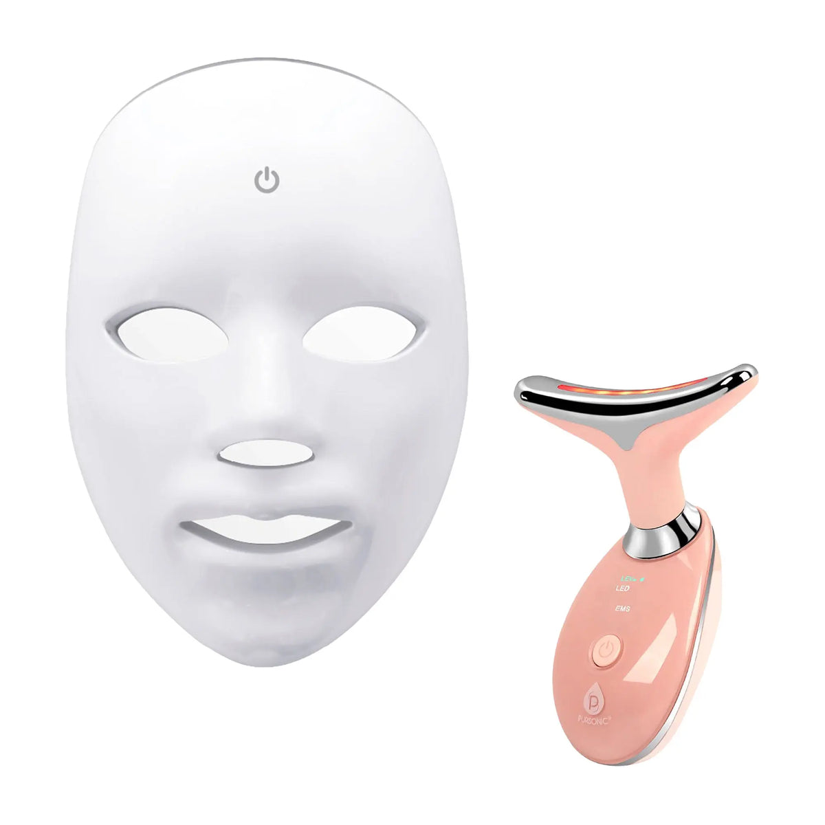 White LED face mask and pink, T-shaped facial sculpting wand with metallic silver accents on a white background.
