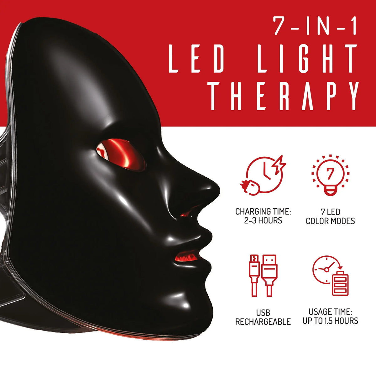 Black 7-in-1 LED light therapy mask with red light glow and icons detailing charging, usage, and mode features.