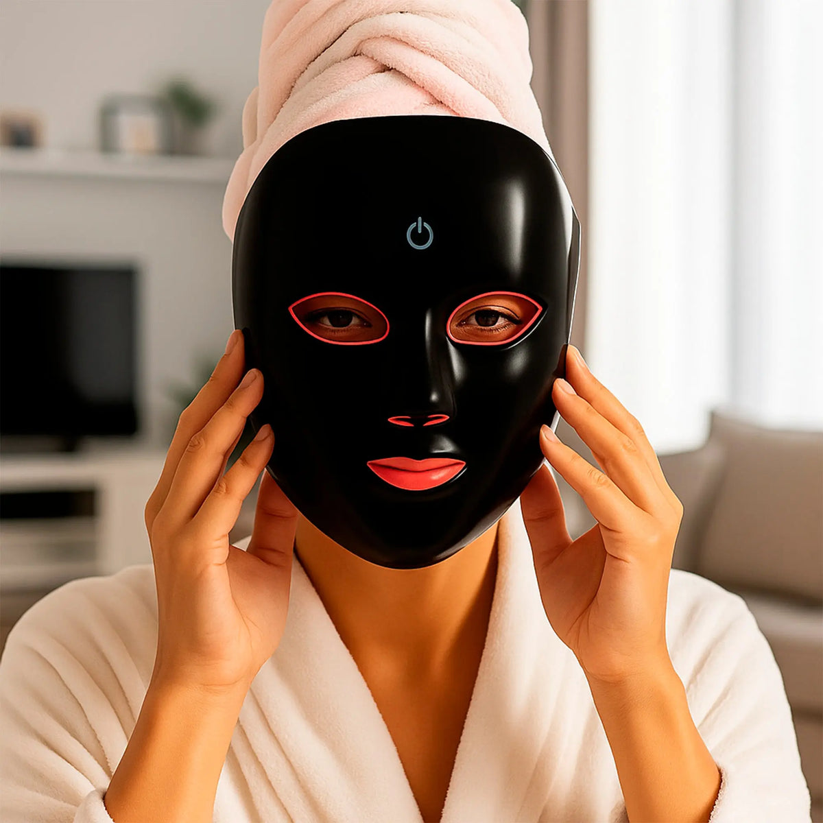 A person in a robe wears a sleek, black LED face mask with glowing red accents around the eyes, nose, and lips.