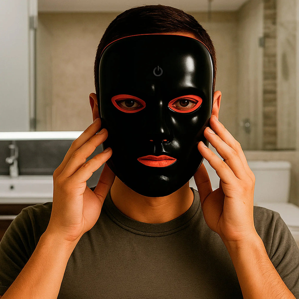 Person wearing a sleek black, glossy LED light therapy face mask with orange accents around eyes, mouth, and edges.