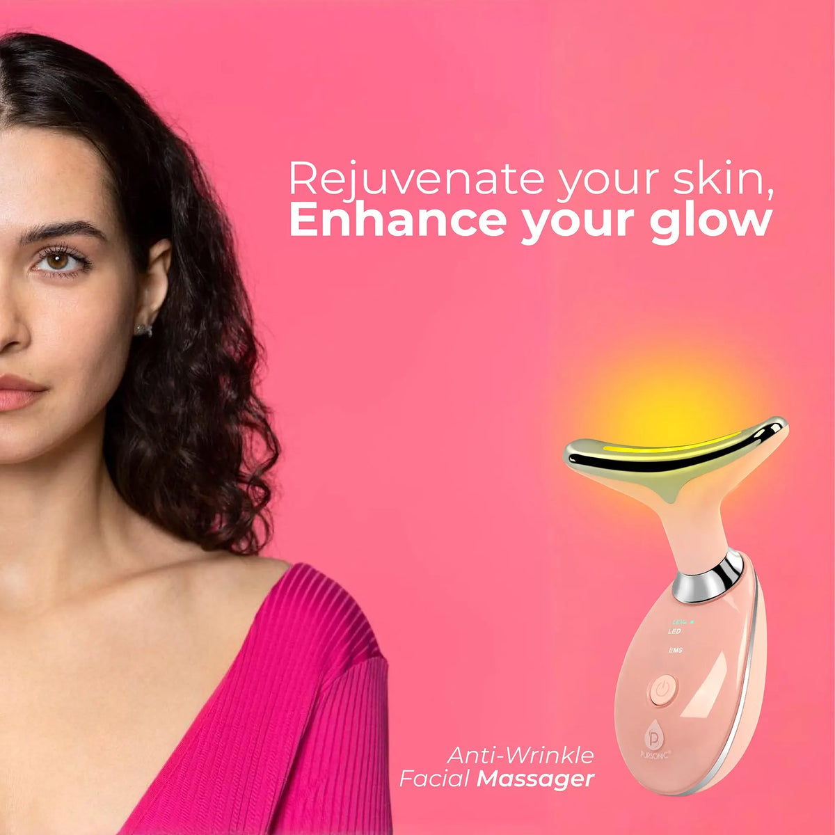 Woman against a pink background next to a peach-colored, T-shaped LED light therapy facial sculpting wand.