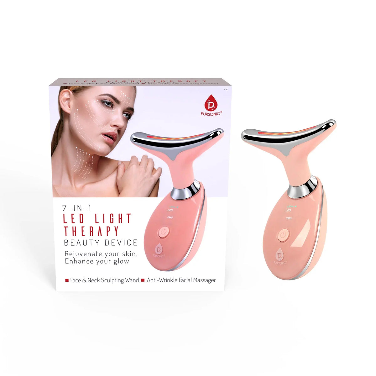 Pink LED light therapy face and neck sculpting wand next to its product box featuring a woman’s face.