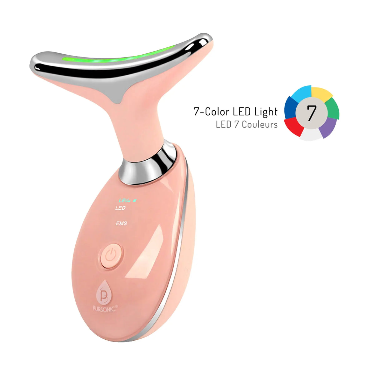 Pink LED light therapy sculpting wand with a curved silver head, power button, and a 7-color light indicator graphic.