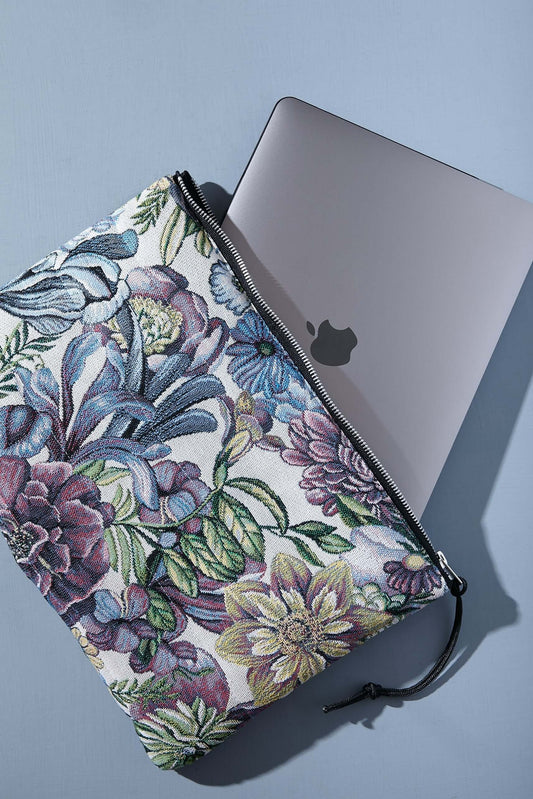 Funda de ordenador tejido jacquard flores crisantemos azules
