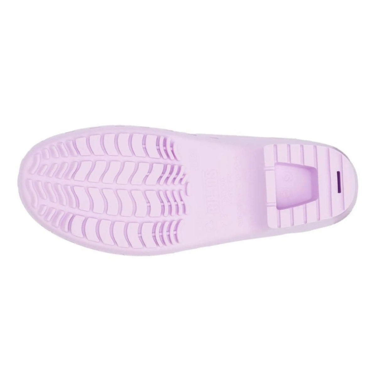 Lavender, slip-on rubber clog viewed from the bottom, featuring a textured, anti-slip tread and flat heel.