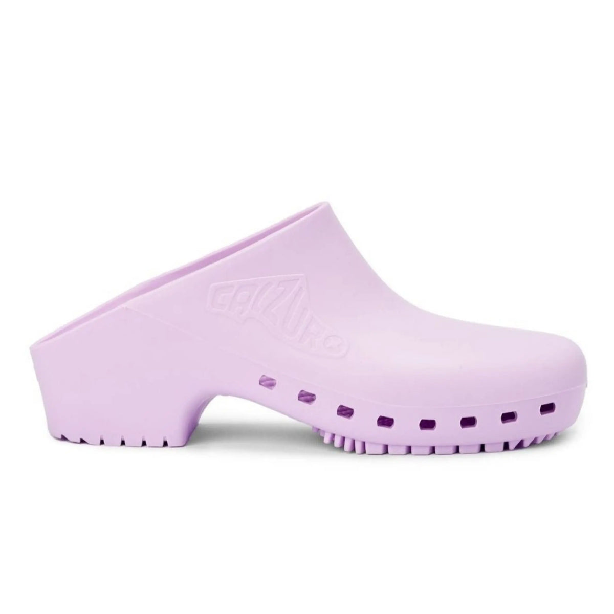 Lavender, hole-free slip-on professional clog made of rubber with a thick, textured platform sole and side logo.