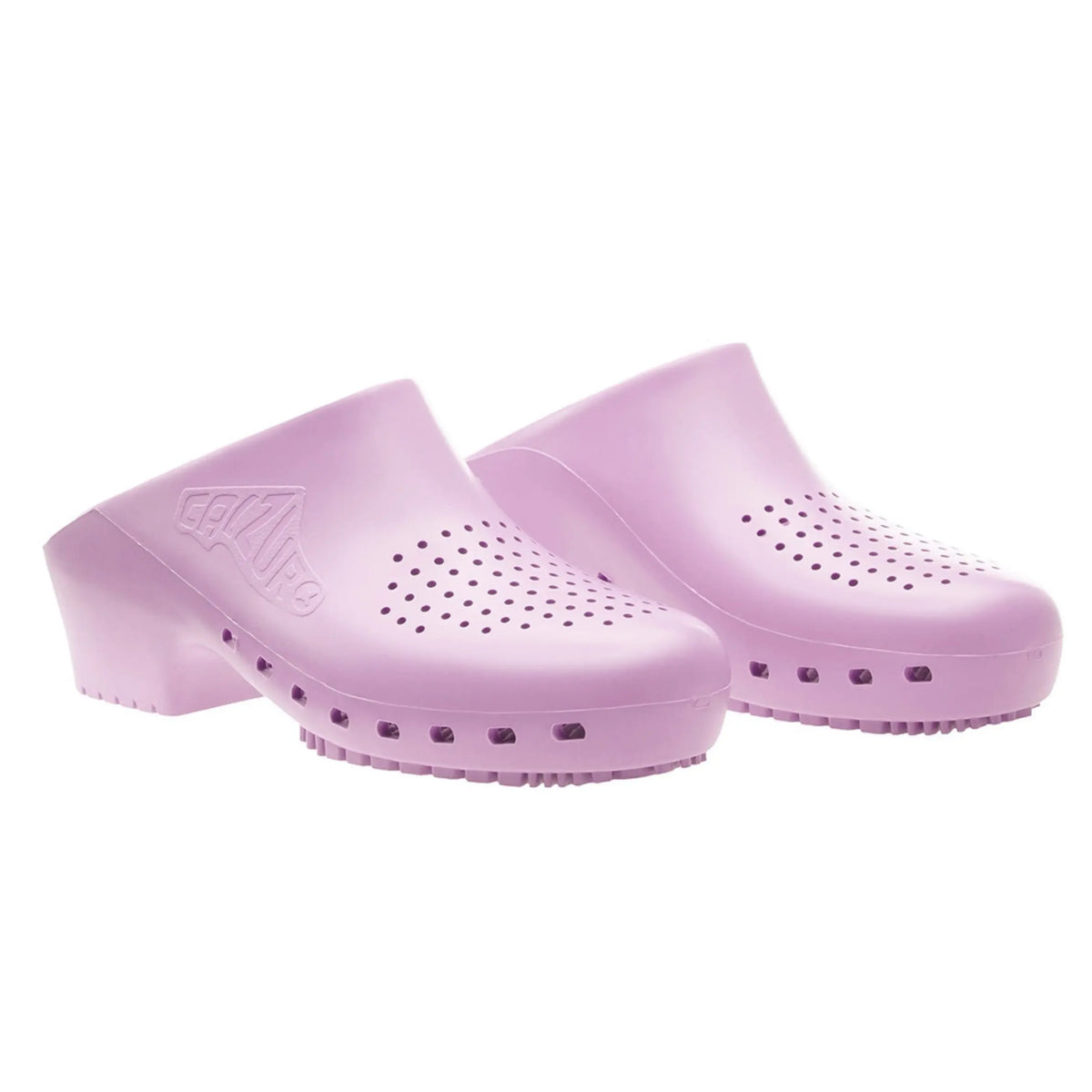 Lavender-colored professional clogs with ventilation holes on the top and sides, featuring a slip-on design.