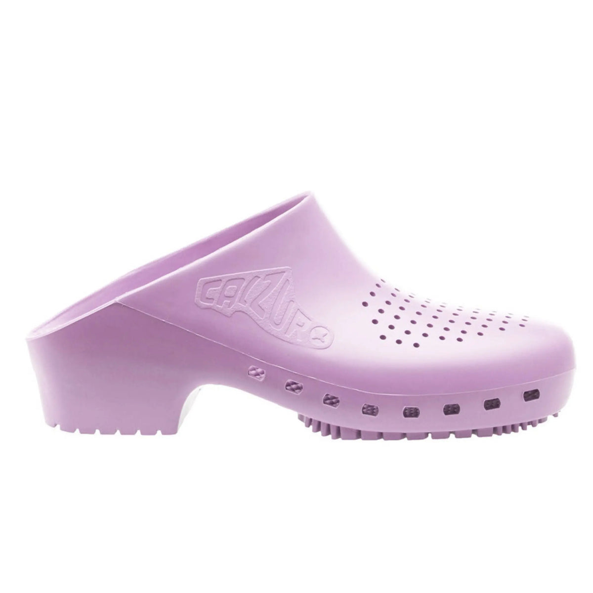 Lavender-colored slip-on clog with perforated top, side ventilation holes, and a stable, block-style heel.
