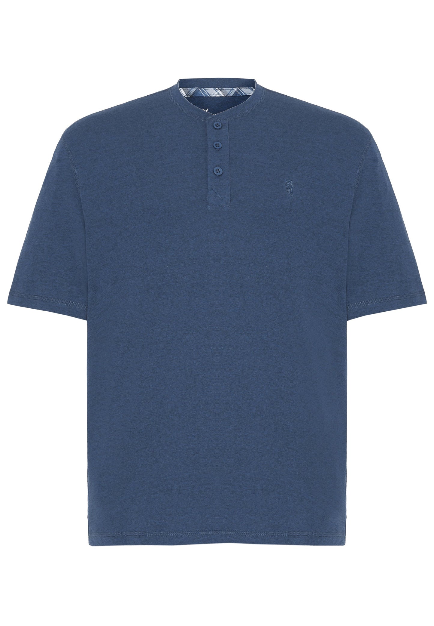 Camiseta de algodón azul marino con botones y cuello estilo Henley, diseño casual y cómodo.