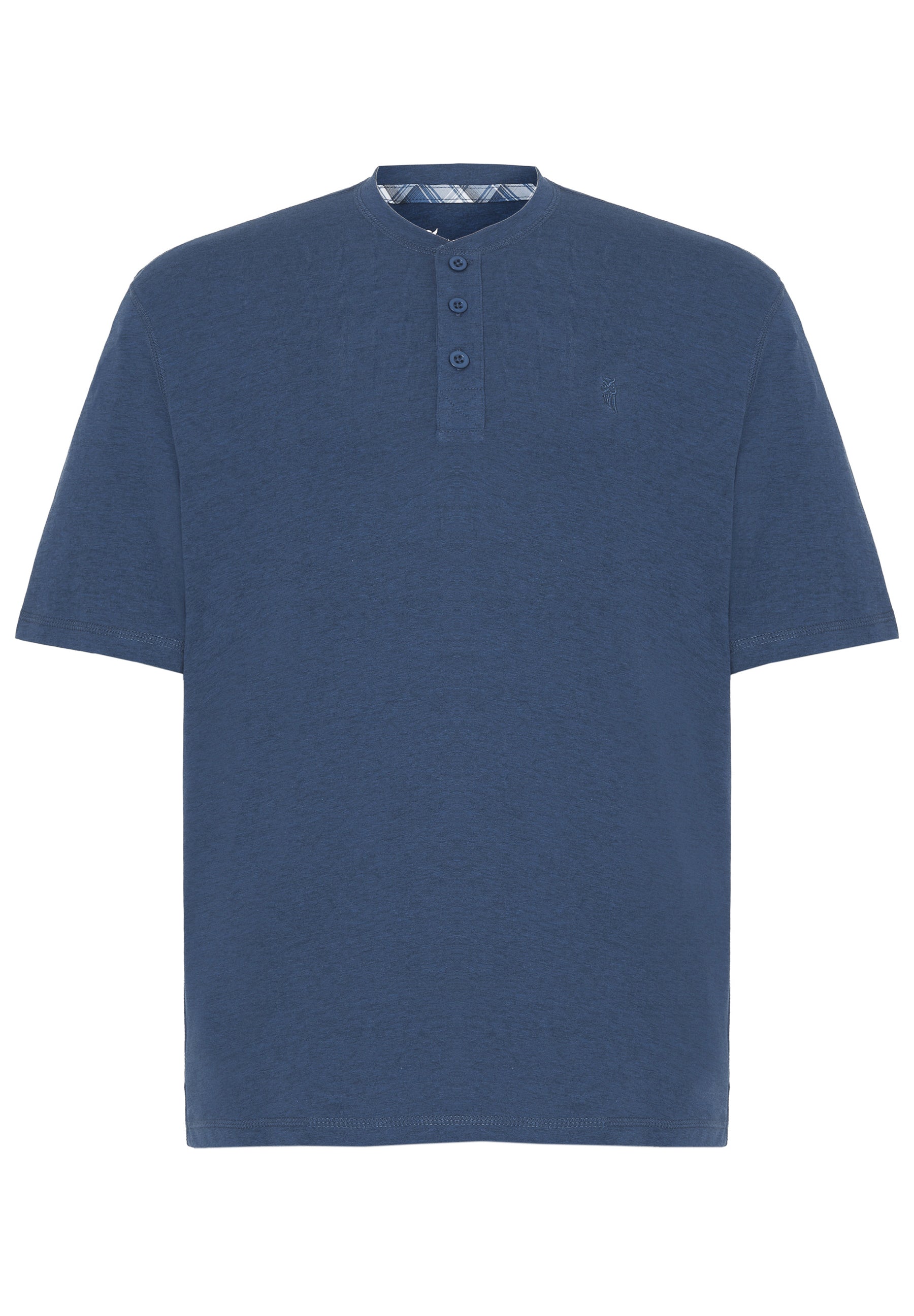Camiseta de algodón azul marino con botones y cuello estilo Henley, diseño casual y cómodo.