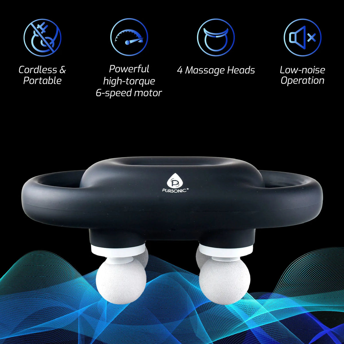 Black matte, dual-handle cordless handheld massager with four white massage heads, featuring floating blue wave graphics.