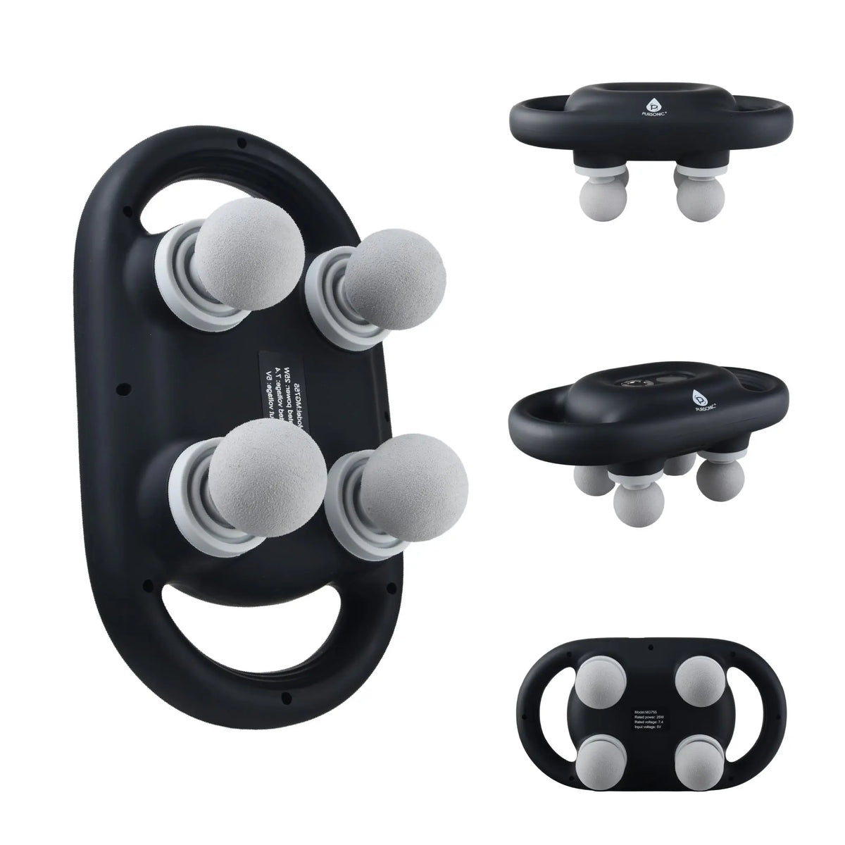 Black, oval-shaped massage device with four gray, textured spherical heads in various angles against a white background.