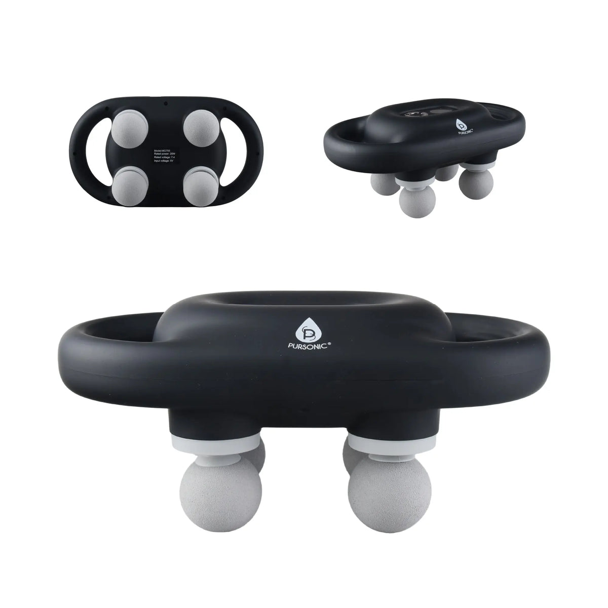 Pursonic black 9-speed massage device featuring a circular ergonomic handle and four gray sphere-shaped massage heads.