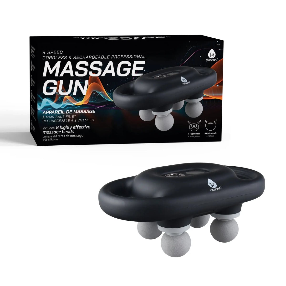 Black 9-speed, cordless, rechargeable massage gun with four ball heads, displayed with its product packaging box.