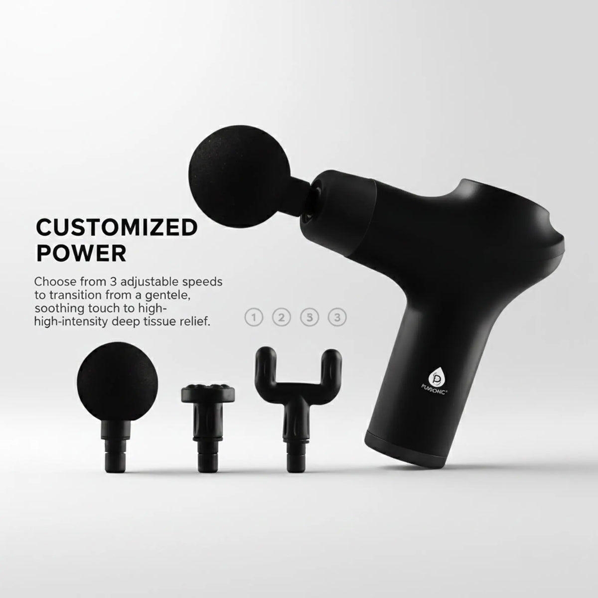 Matte black 3-speed massage gun with three interchangeable heads and text highlighting customized power settings.