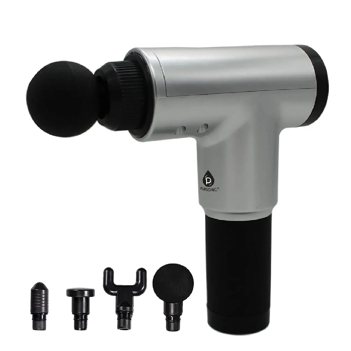 Silver and black cordless massage gun with a ball attachment and four interchangeable heads on a white background.