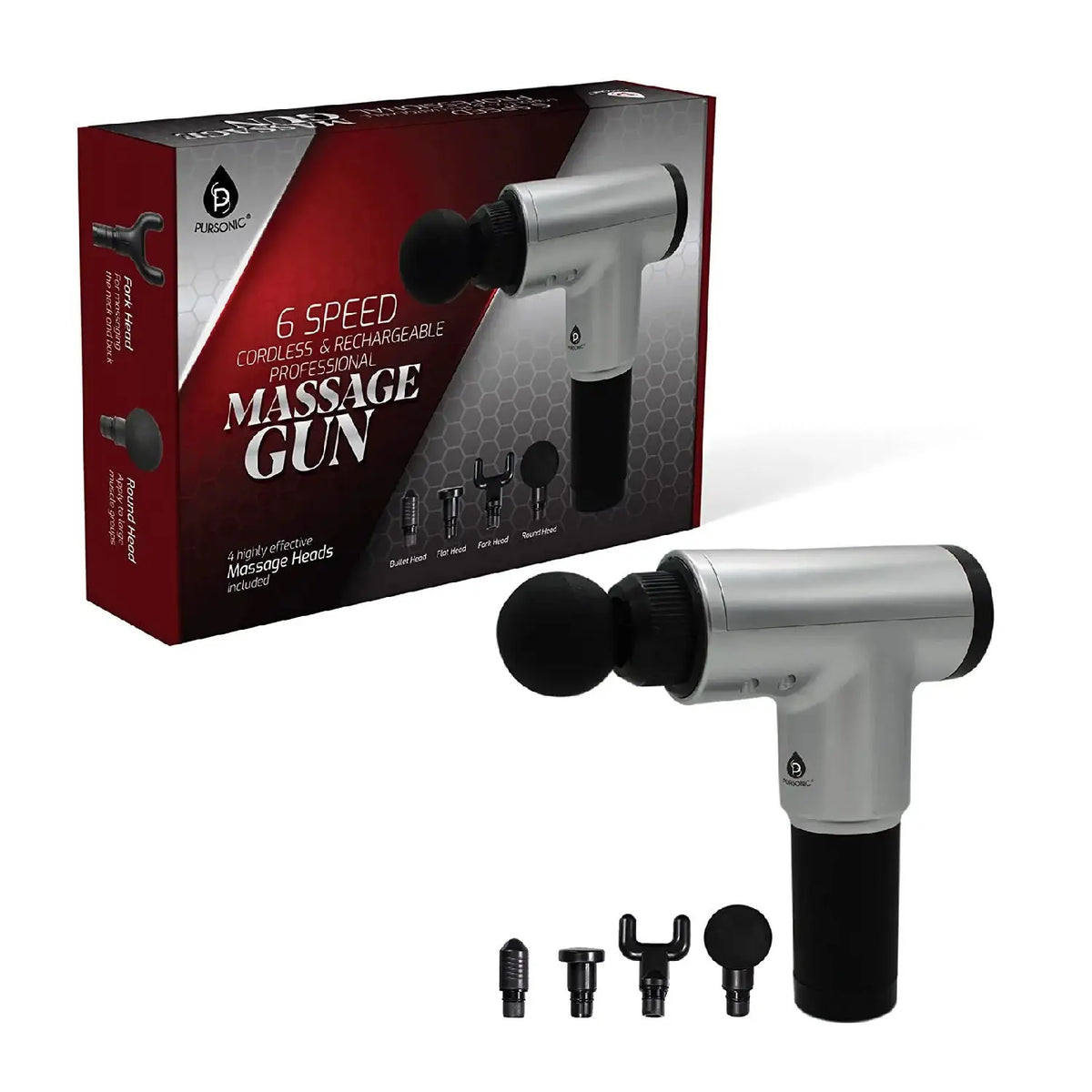 Silver and black cordless massage gun with 4 interchangeable heads, displayed in front of its Pursonic retail box.