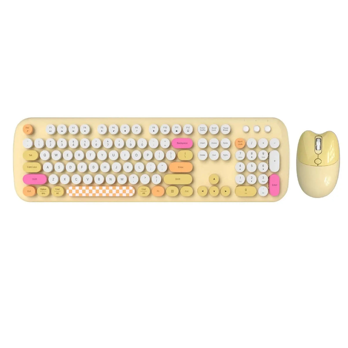 Wireless keyboard and mouse combo with colorful 104 round keys, yellow base, and a checkered space bar.