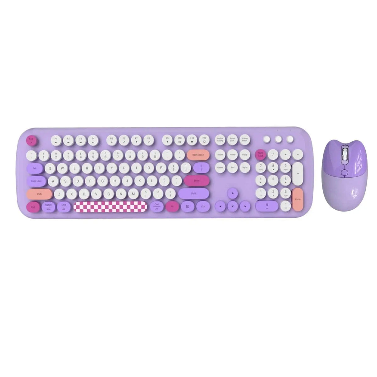 Purple wireless keyboard with round, multicolored keys, a checkered spacebar, and a matching purple wireless mouse.