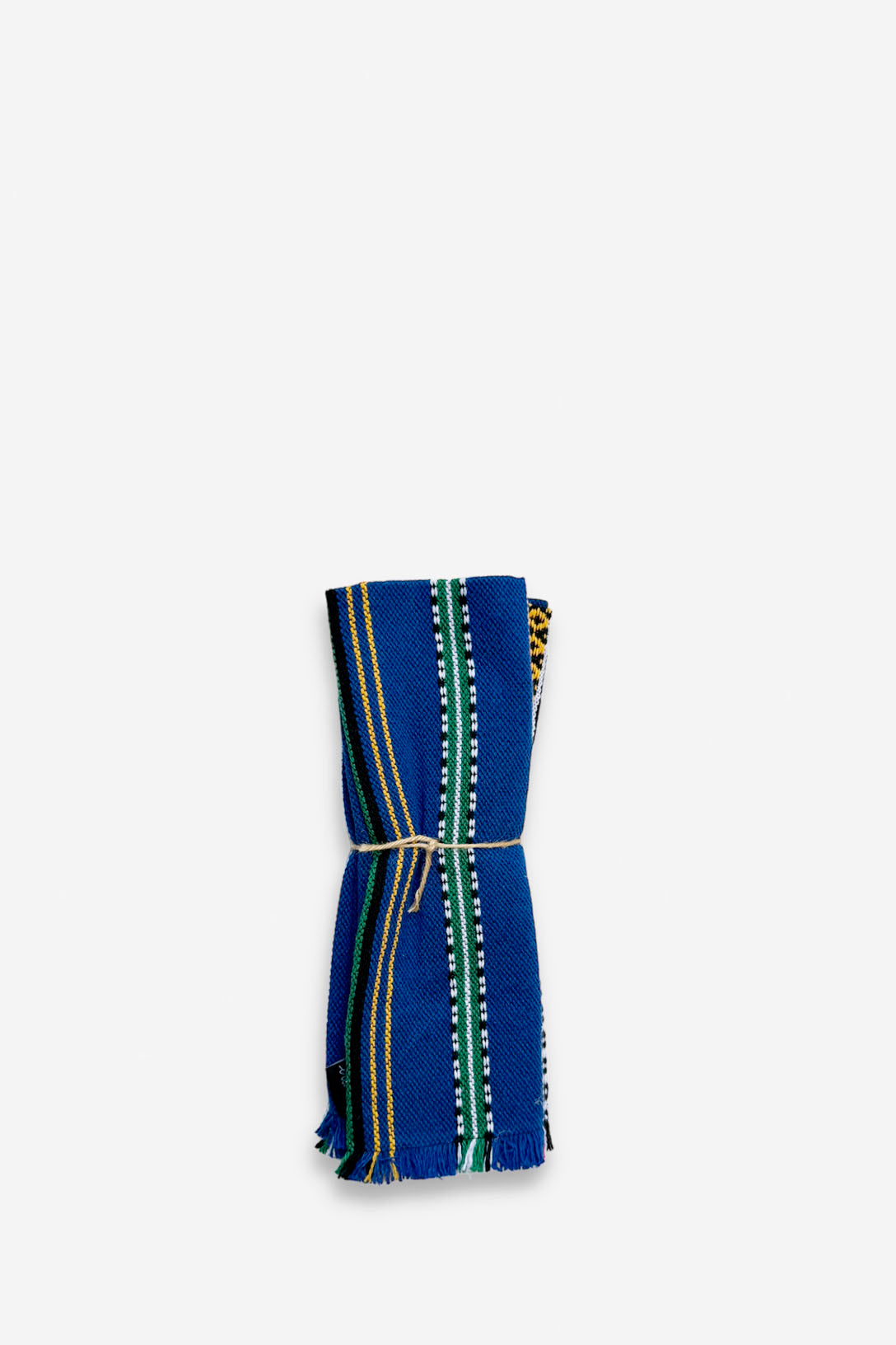 Manta azul con rayas verdes y amarillas, tejido de algodón, estilo bohemio, ideal para decoración o picnic.