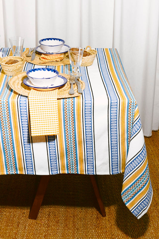 Mantel de rayas azules y amarillas, 100% algodón, estilo moderno, ideal para decoración de mesa.