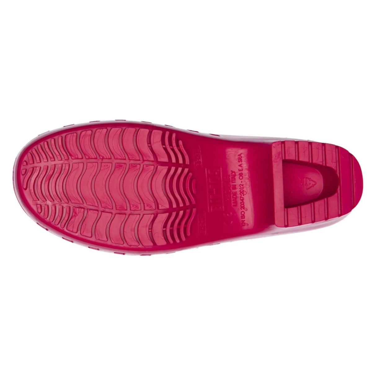 Maroon clog shown from below, featuring a textured, wave-patterned rubber sole and embossed safety specifications.