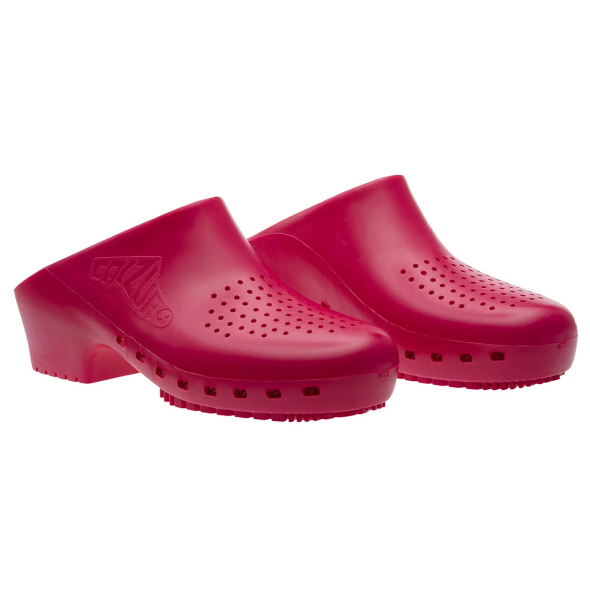 Maroon rubber clogs with vented holes on the top and sides, featuring a molded slip-on design and thick sole.