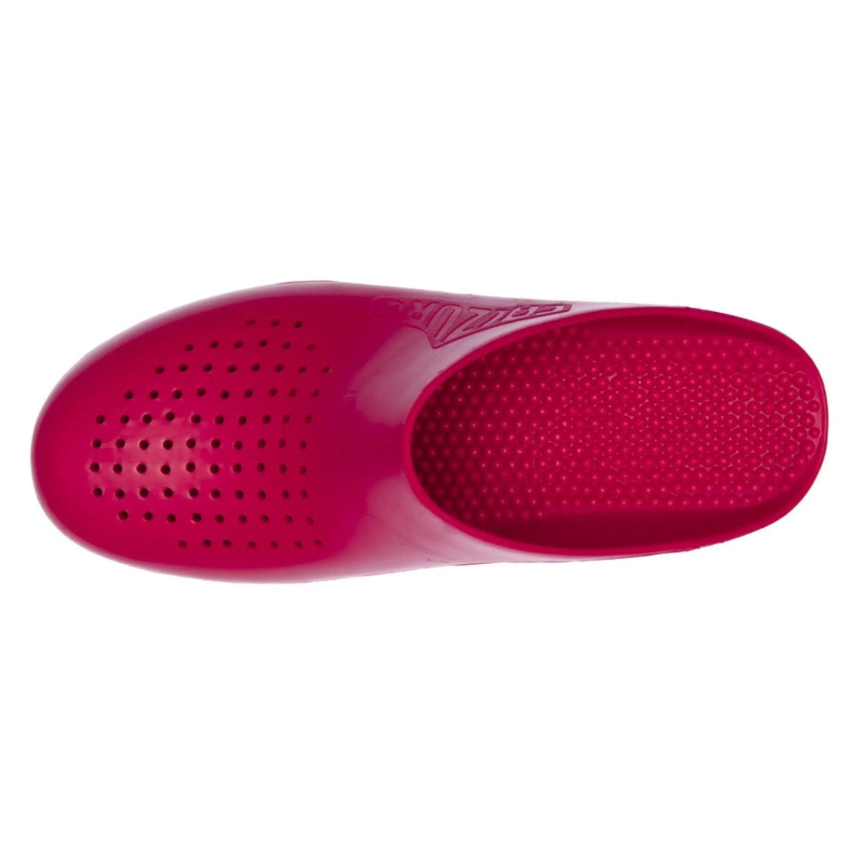 Maroon rubber slip-on clog with aeration holes on the toe and a textured, pebbled interior sole.