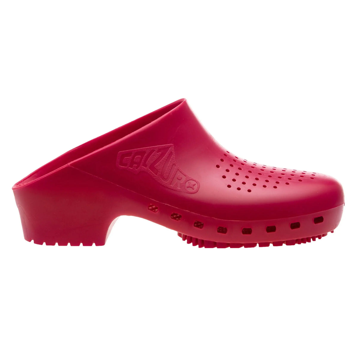Maroon slip-on clog with a raised heel, perforated top, and side vents, featuring a molded textured rubber material.