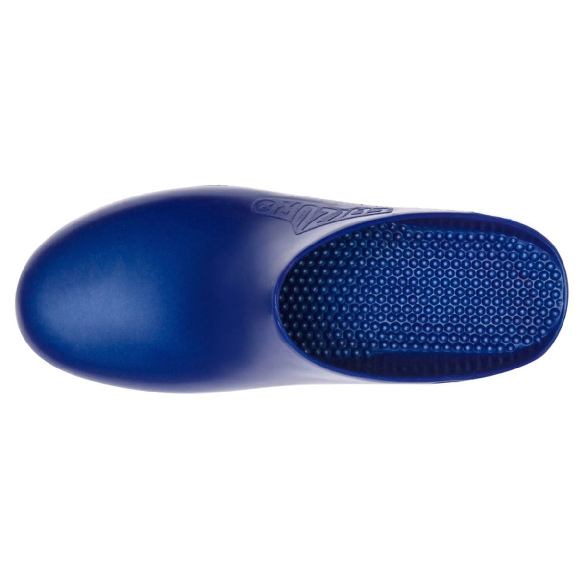 Metallic blue slip-on clog with a smooth, hole-free upper and a textured, pebbled interior sole.