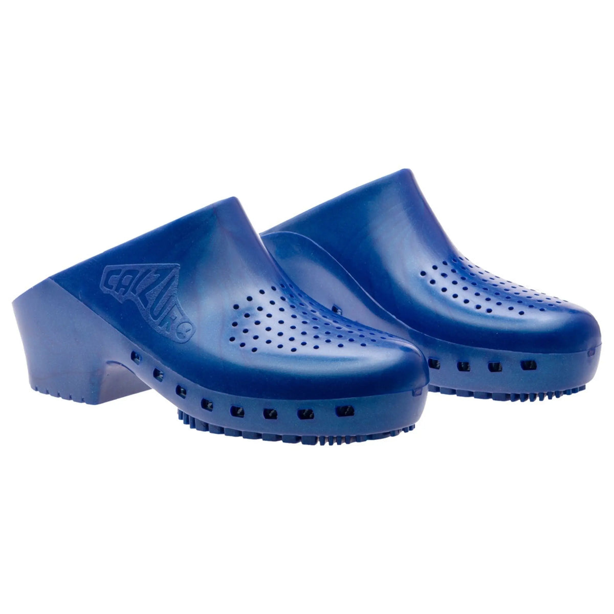 Metallic blue clogs with side and top perforations, a raised heel, and a slip-on design on a white background.
