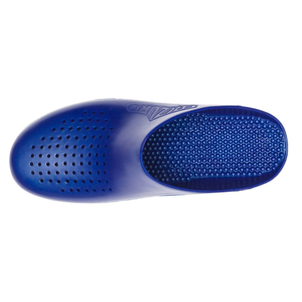 Metallic blue clog with ventilation holes on the rounded toe and a textured, pebbled interior sole.