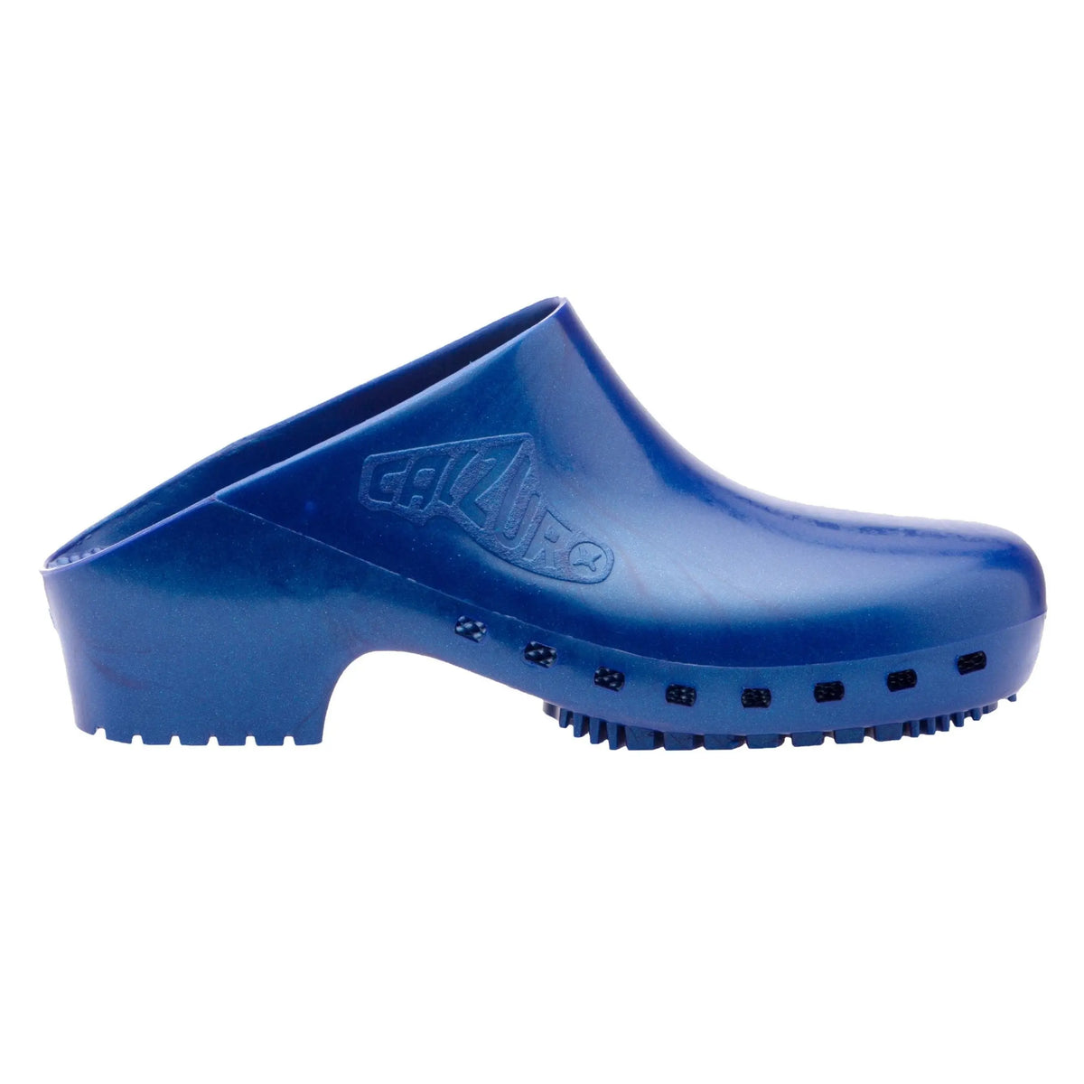 Metallic blue, solid, clog-style slip-on shoe with a rounded toe, low heel, and textured sole.