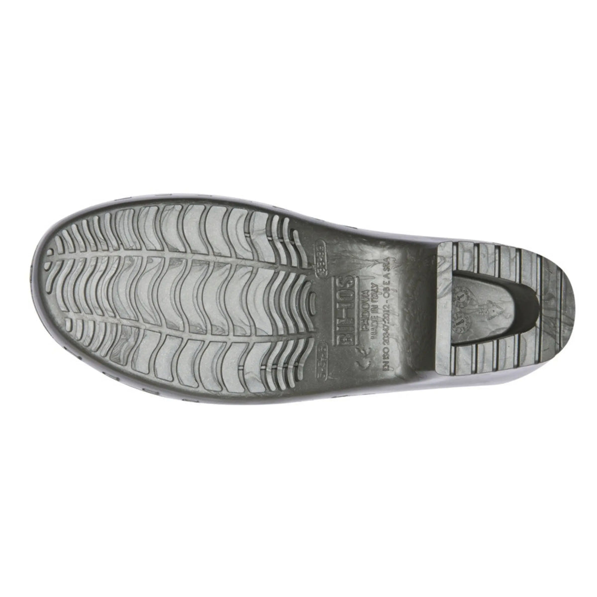 Metallic grey slip-on clog showing the textured, slip-resistant sole and embossed technical details on the underside.