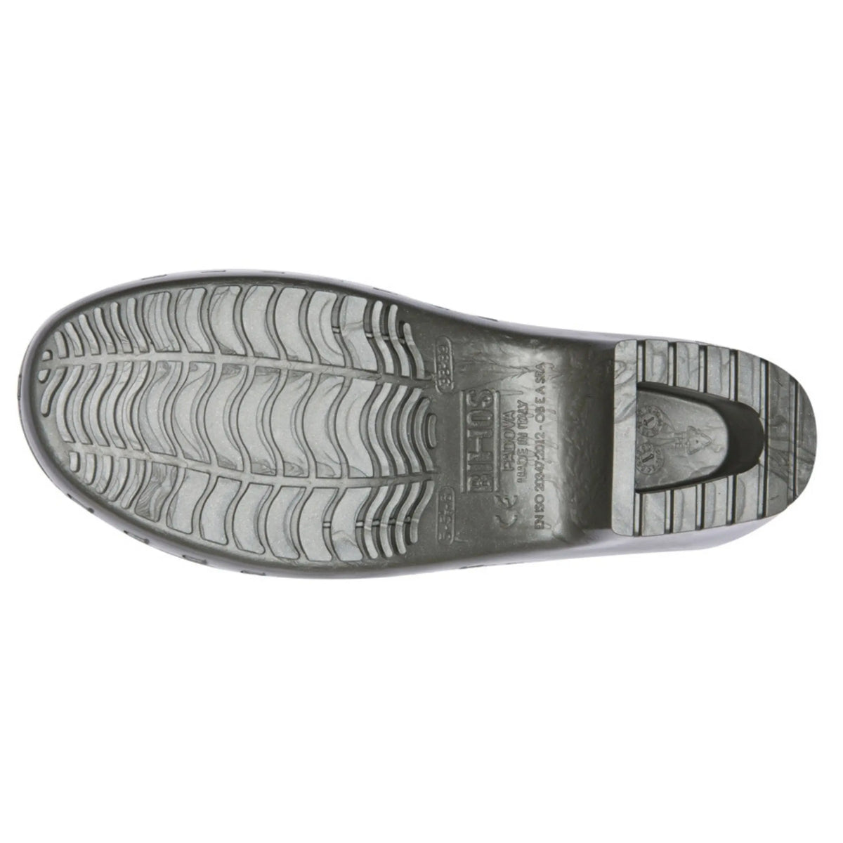 Metallic grey clog sole with a textured, wavy tread pattern for grip and embossed manufacturing details.