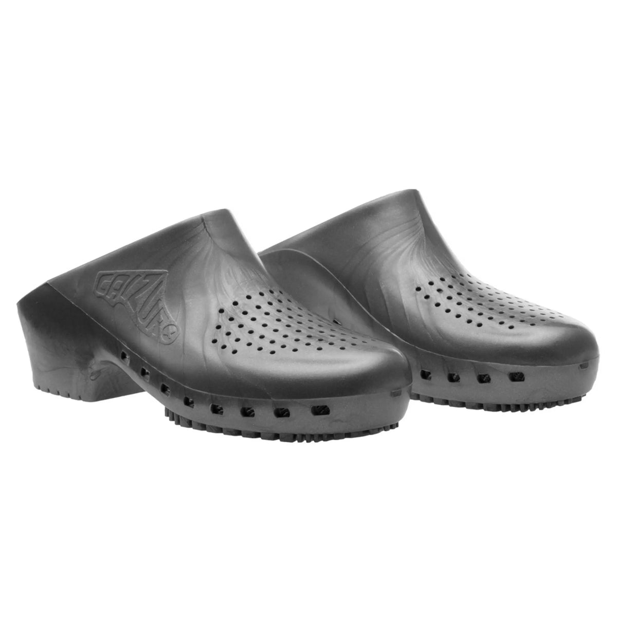 Metallic grey clogs with perforations on the top and sides, featuring a textured sole and an embossed logo.