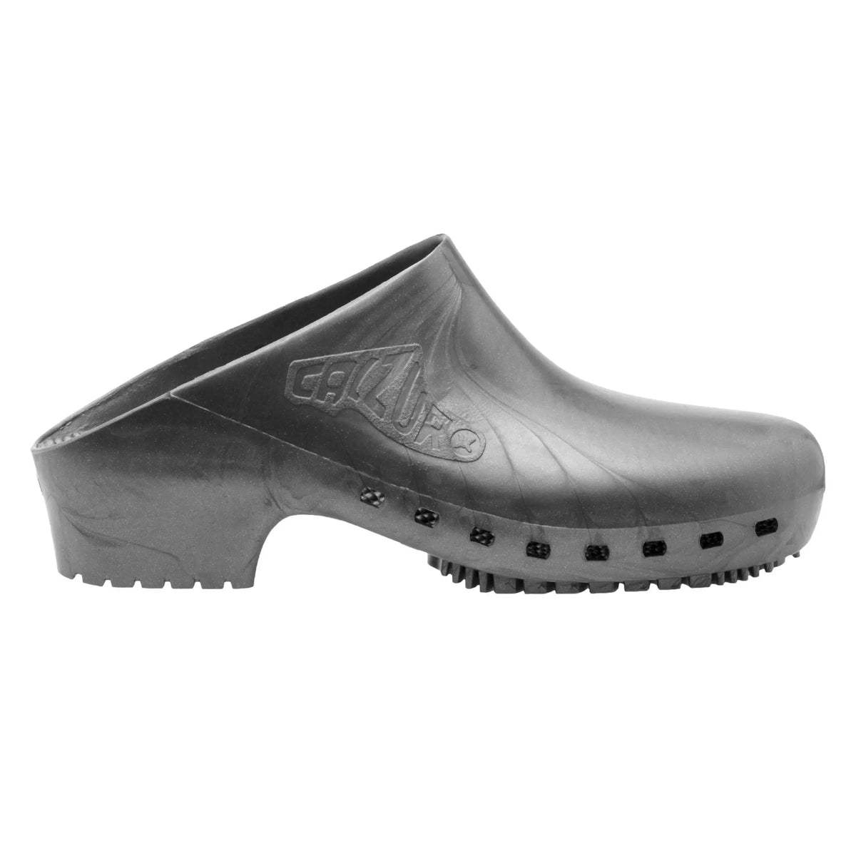Metallic grey Calzuro clog, solid material without holes, side logo, and textured rubber sole, side view.