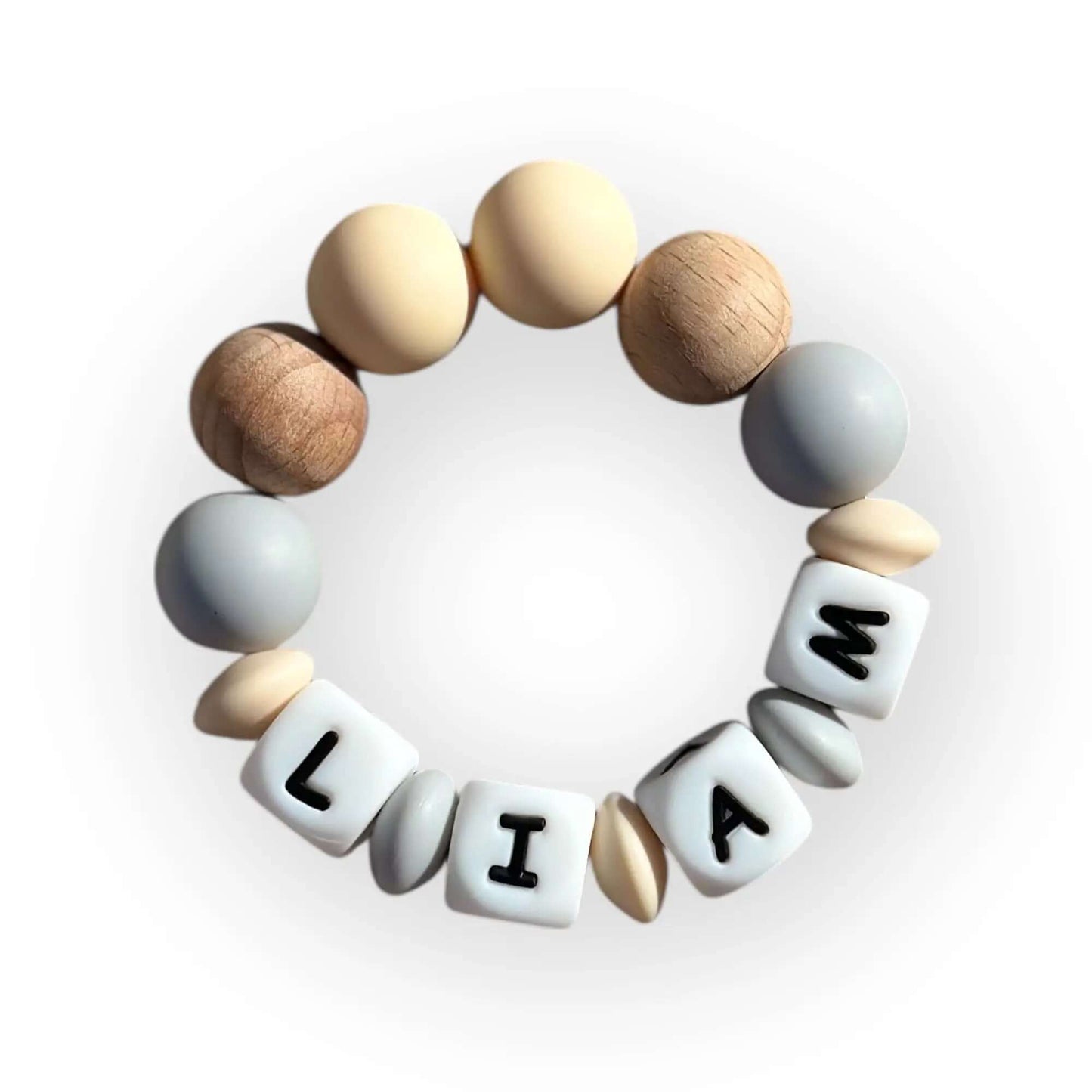 Mordedor Personalizado Gris con Nombre en Silicona Orgánica | Nenina & Co