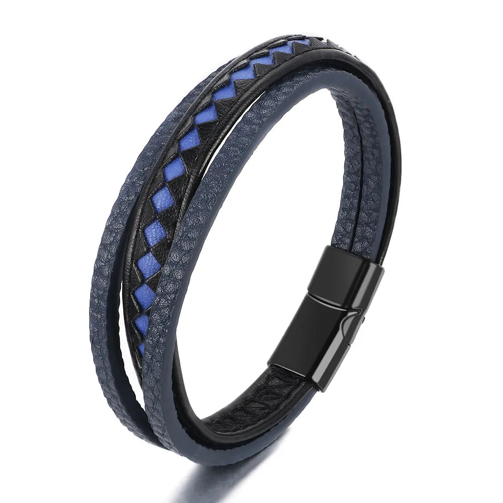 Pulsera Taurus · Pulsera de cuero auténtico trenzado con detalles azules y cierre de aluminio