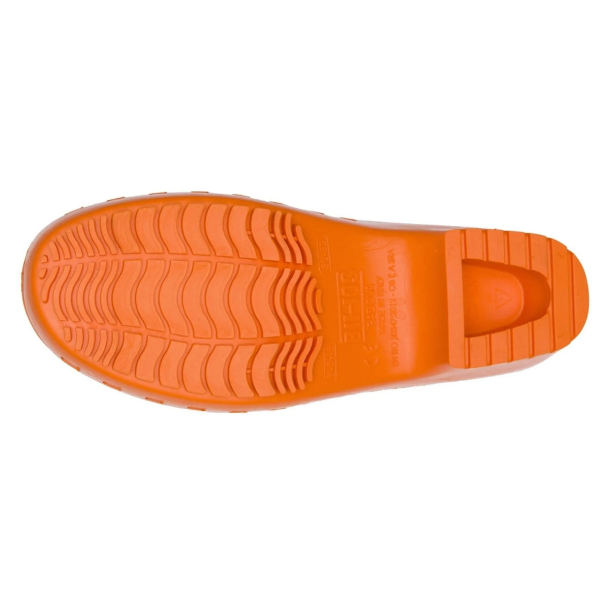 Bottom view of an orange professional rubber clog with a textured, non-slip sole and block heel.