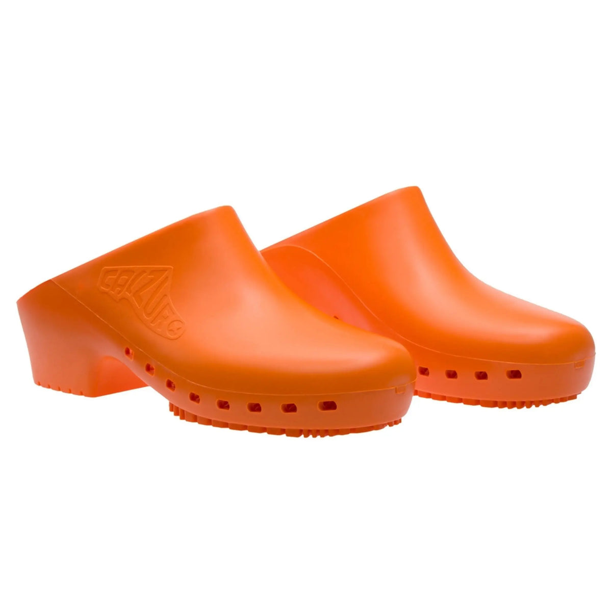 Bright orange, smooth, professional slip-on clogs with a closed-toe design, chunky heel, and textured rubber sole.