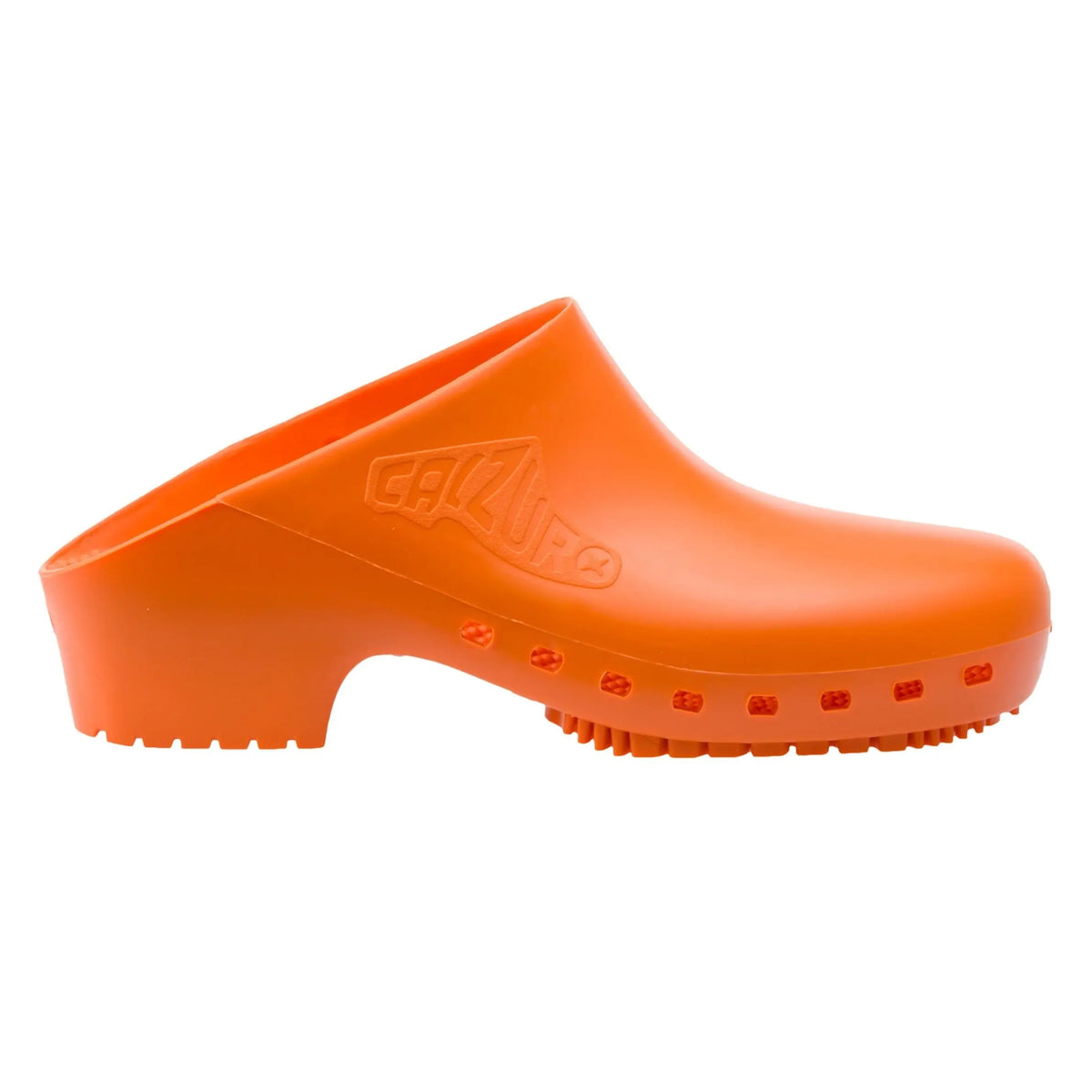 Orange rubber clog with a smooth, solid upper, low heel, and textured sole, featuring a molded Calzuro logo on the side.
