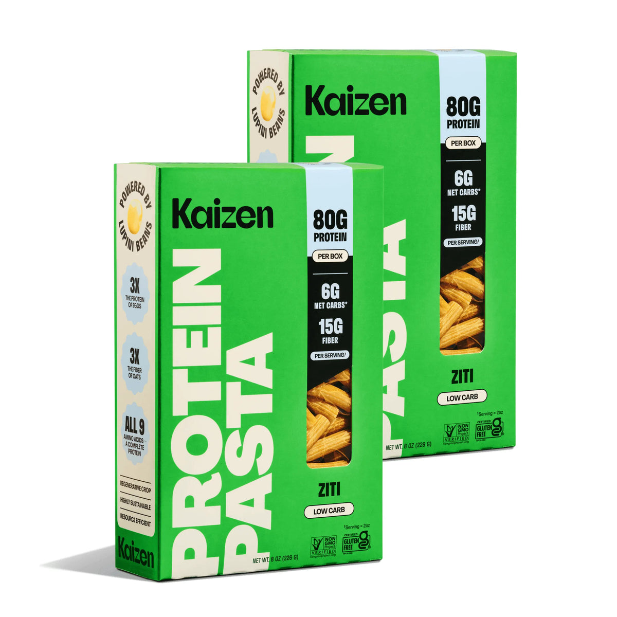 Two bright green boxes of Kaizen Protein Pasta Ziti featuring nutritional facts, bean branding, and a clear window.
