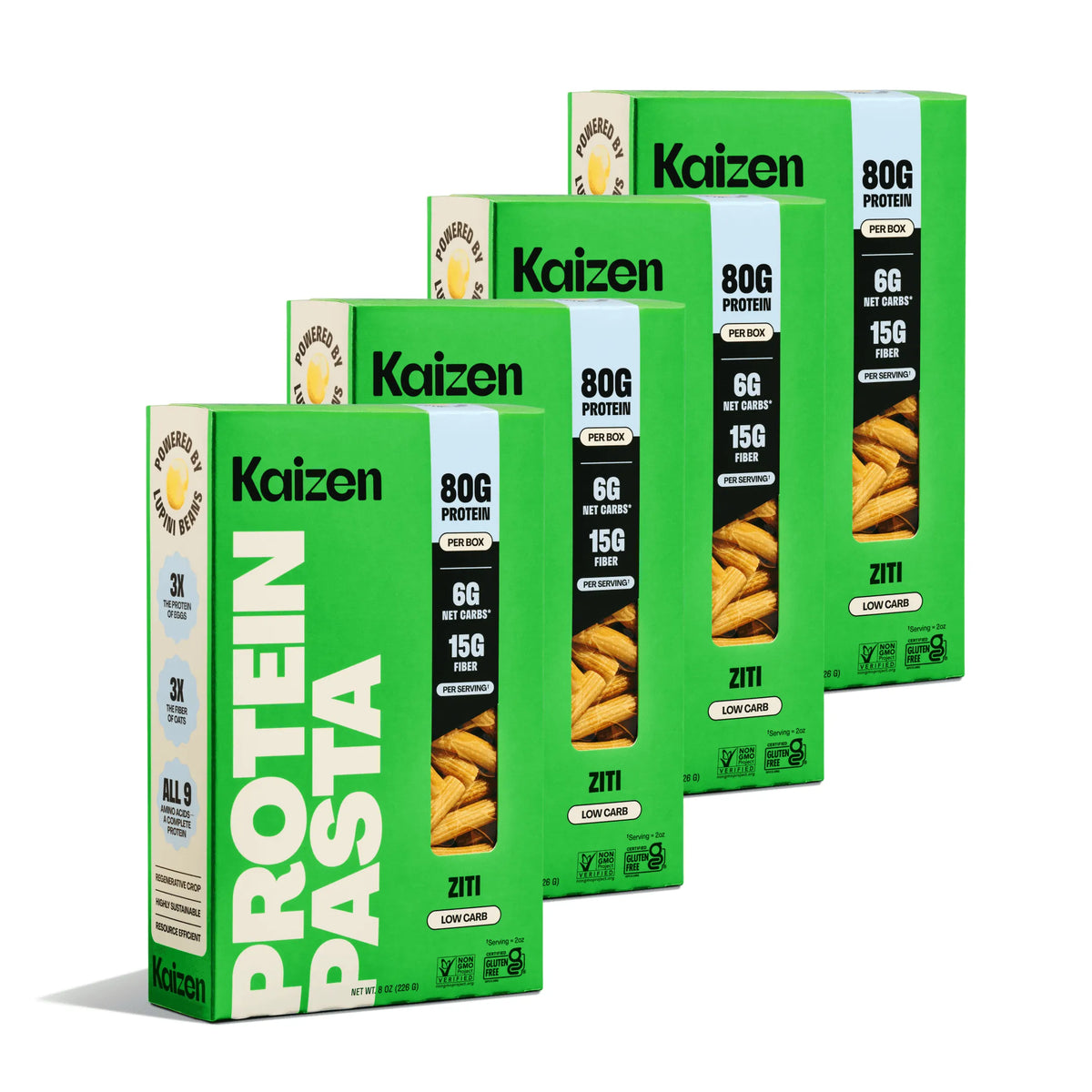 Four bright green boxes of Kaizen Low Carb Ziti protein pasta arranged in a row, showing nutrition facts and ziti.