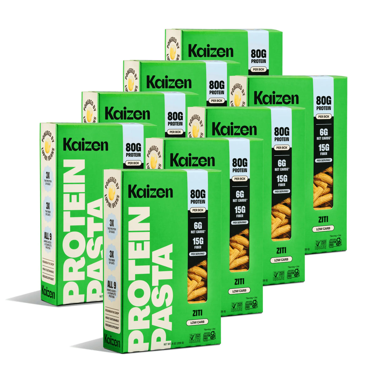 Multiple bright green boxes of Kaizen Low Carb Ziti protein pasta stacked neatly on a white background.