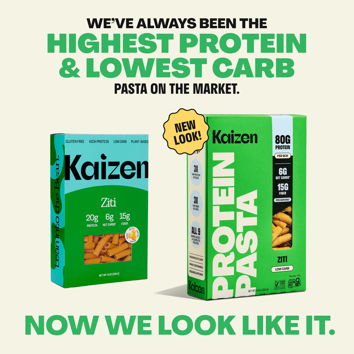 Two boxes of Kaizen low-carb, high-protein ziti pasta side-by-side against a light background.