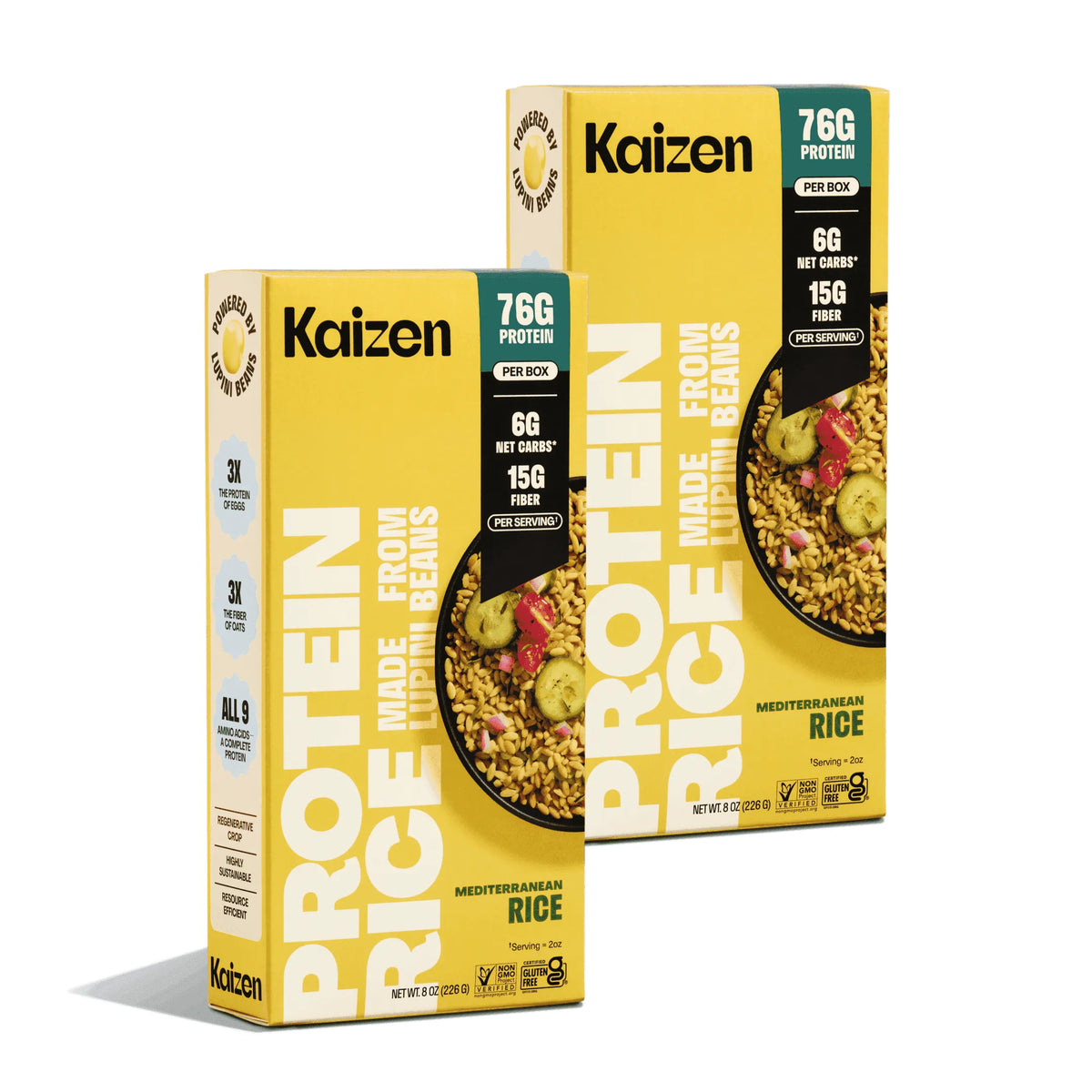 Two yellow boxes of Kaizen Mediterranean protein rice featuring nutritional facts and a bowl of rice with vegetables.