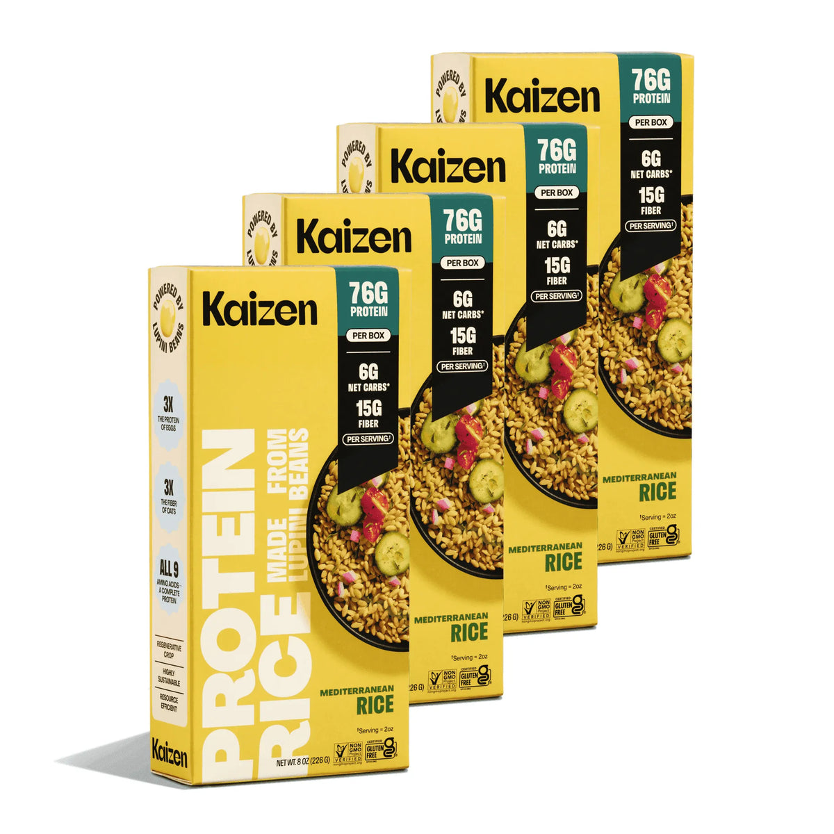 Four yellow boxes of Kaizen Mediterranean Rice displayed in a staggered row, showing nutritional highlights and ingredients.