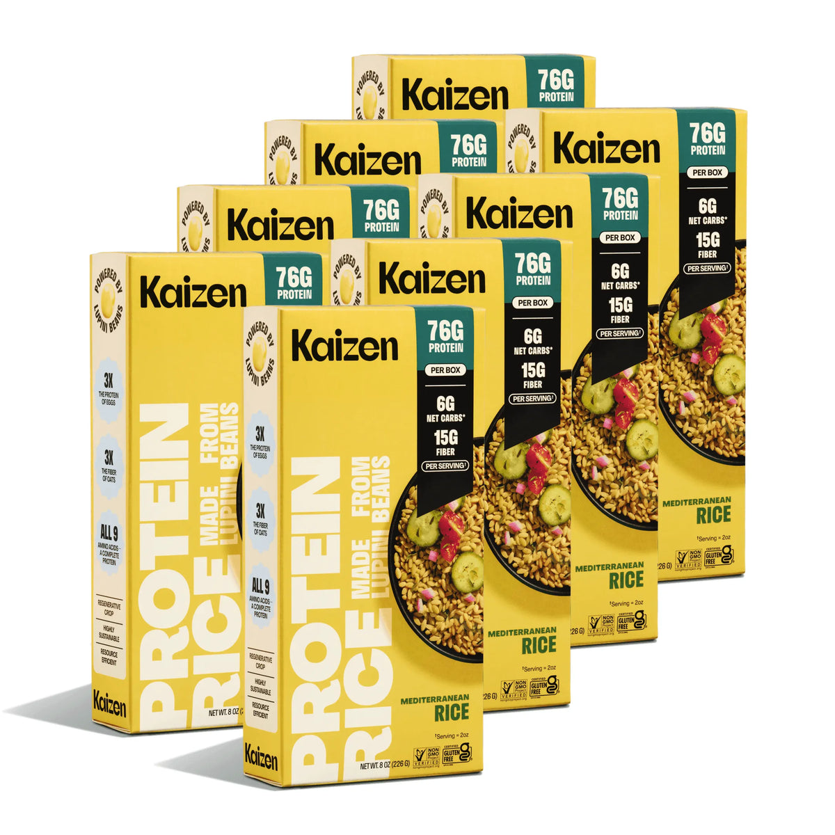 Stacked yellow boxes of Kaizen Mediterranean Rice featuring a bowl of rice, cucumber, and tomatoes.