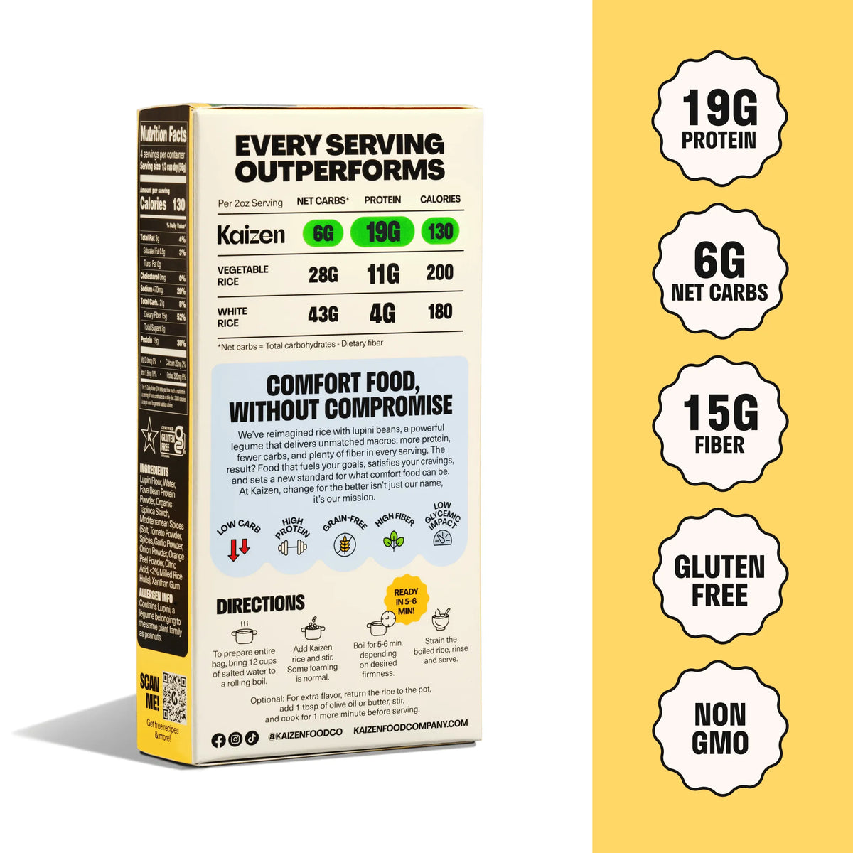 Product box showing nutrition facts, cooking directions, and benefits on a yellow background with five white scalloped badges.